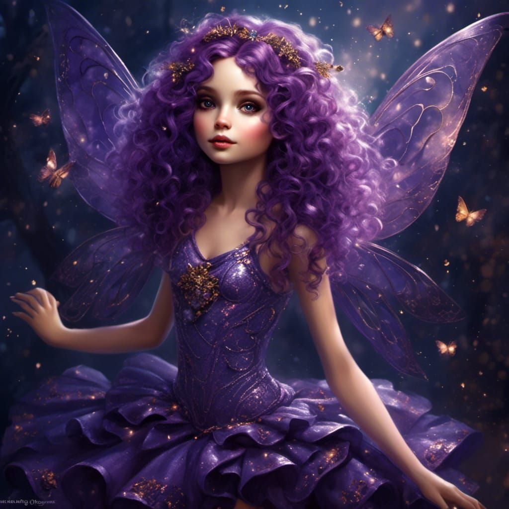Curly Purple Haired Fairy in Shimmering Dress
