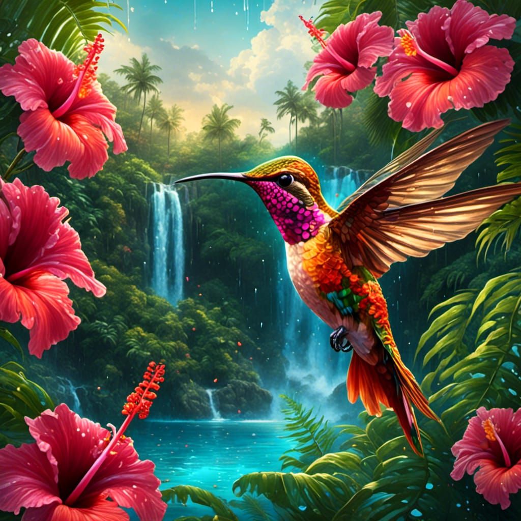 Hyperrealistic Hummingbird on Hibiscus Flower Bush