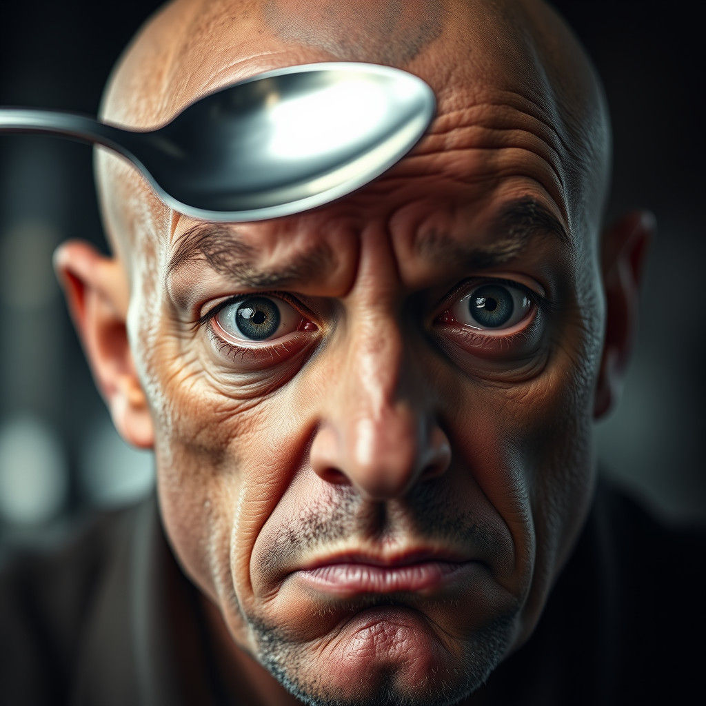 Hyperrealistic Portrait of Bald Man Tapped with Teaspoon