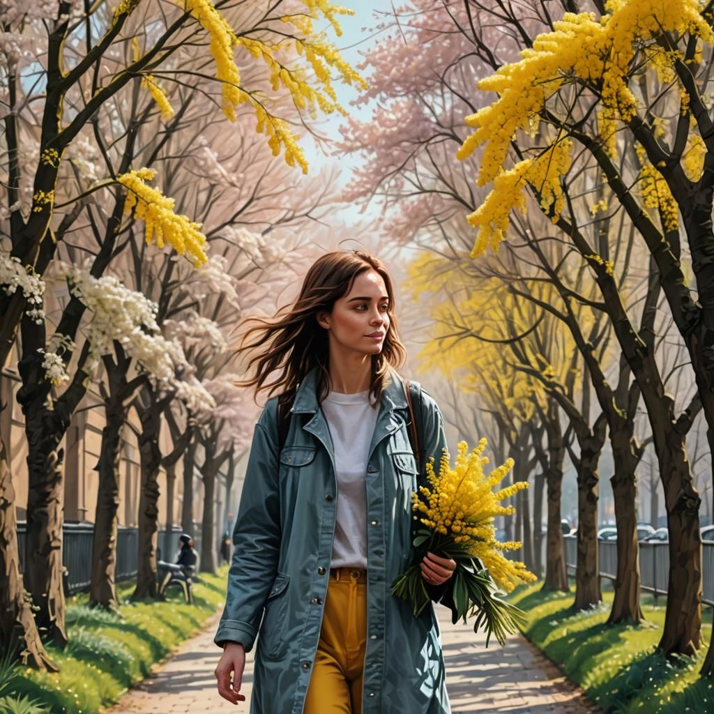 Girl with Mimosa Bouquet in Spring Park