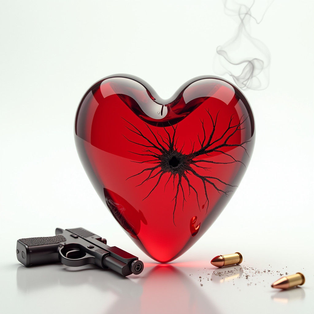 Fragile Red Glass Heart with Pistol Shot: Photorealistic CGI