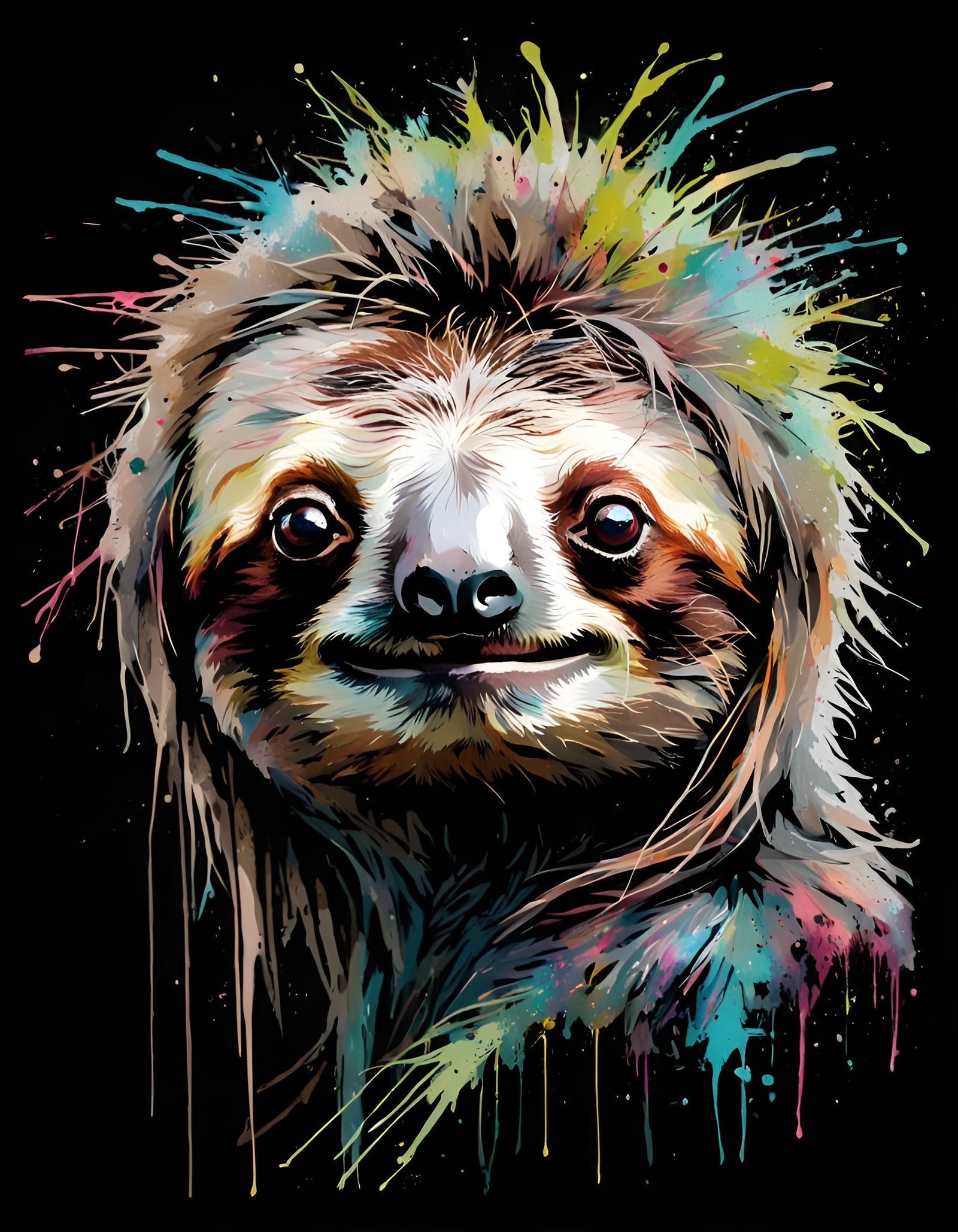Happy Sloth Portrait with Paint Splatters