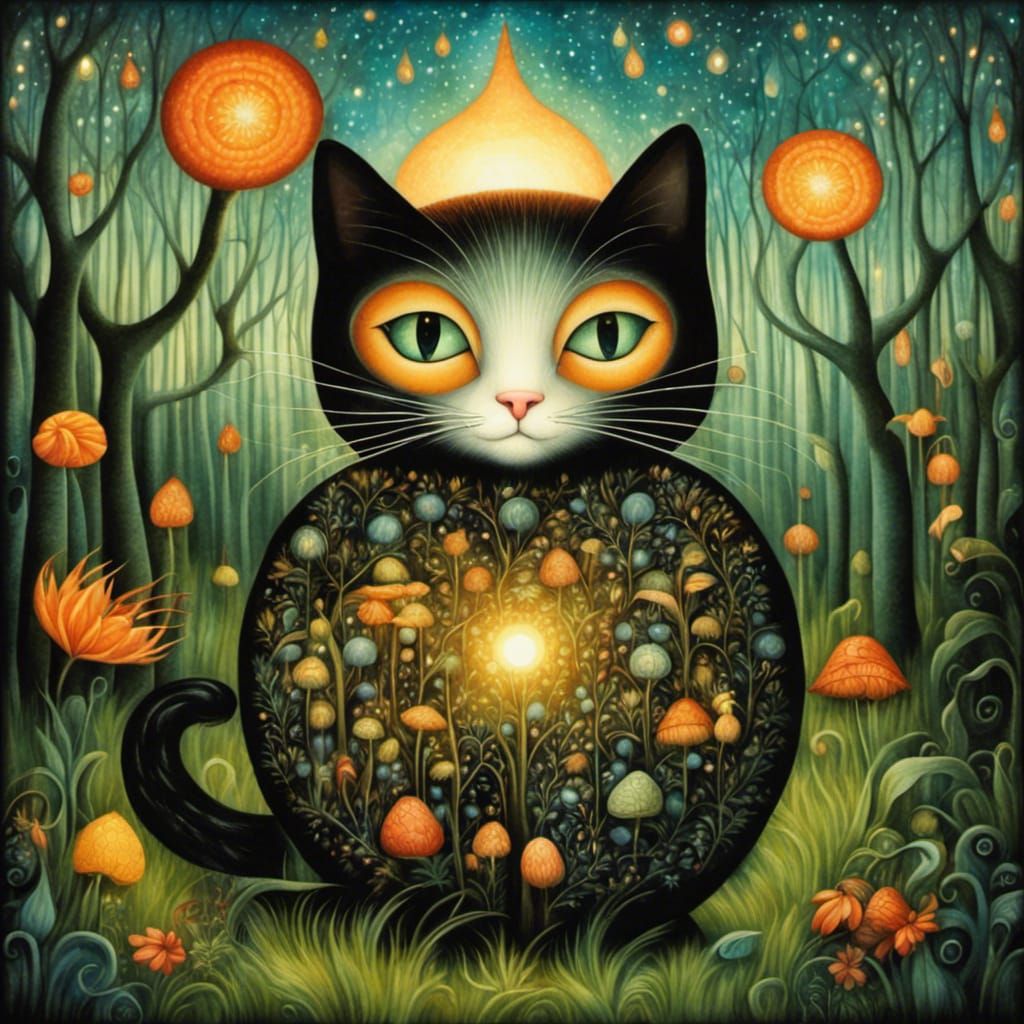 Black Cat in Enchanted Forest, Fantasy Art