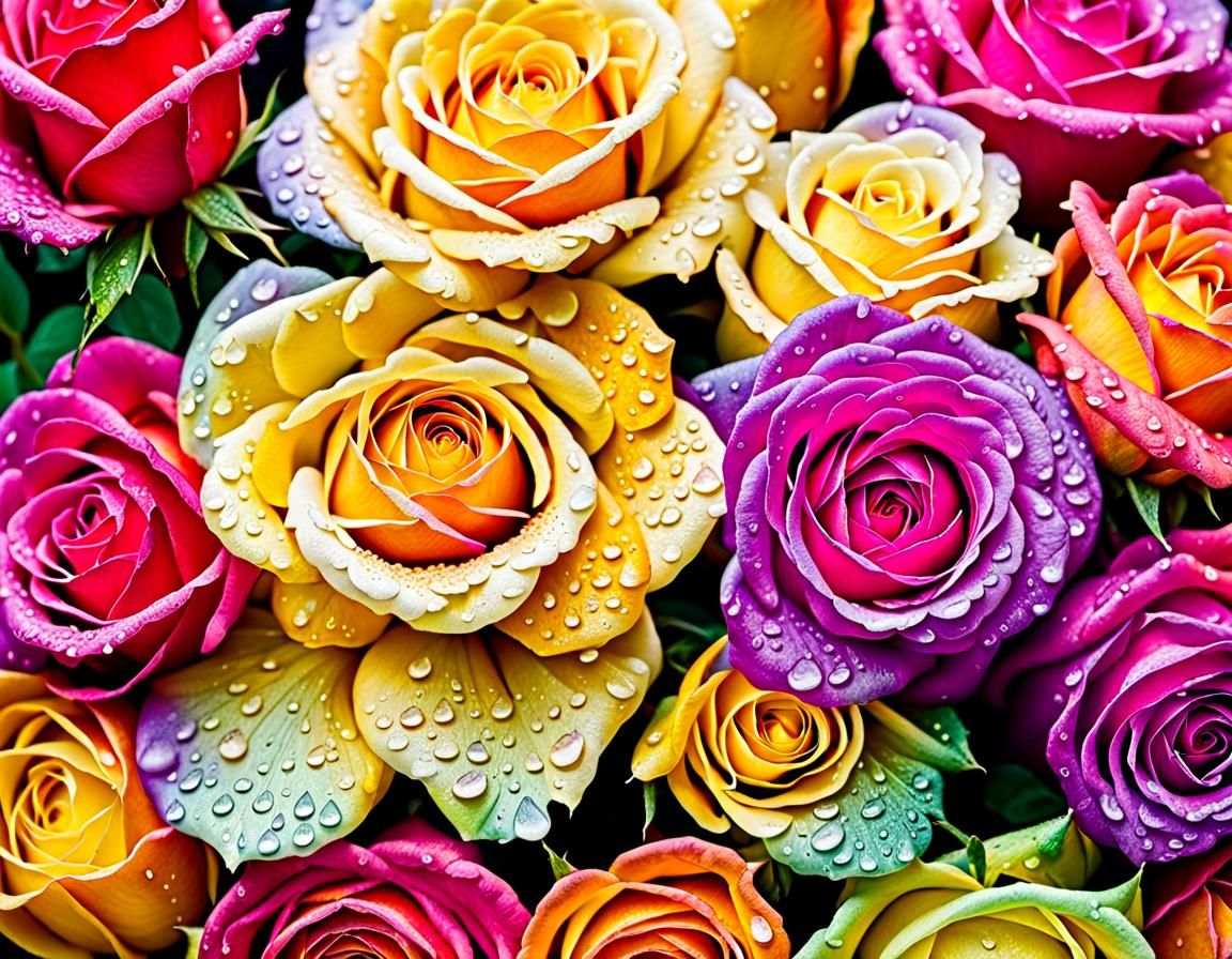 Raindrops on Colorful Roses in Hyperdetail