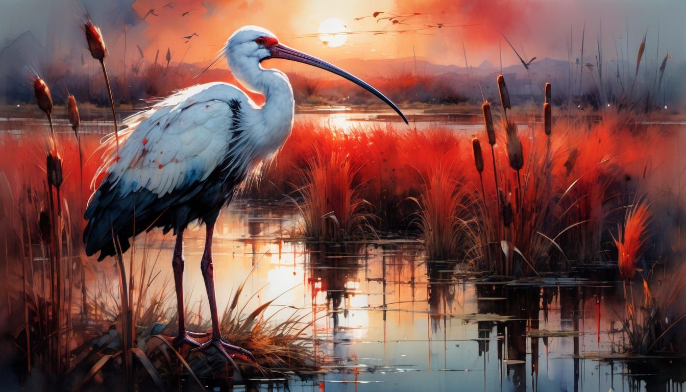 Ibis in Red Sunset Marsh: Detailed Watercolor Painting