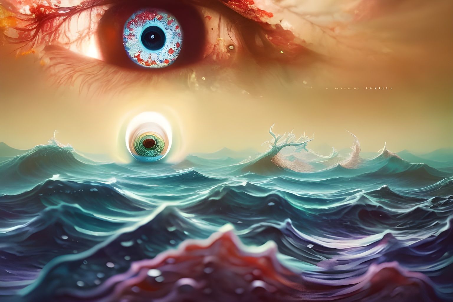 Surreal Eye Swirling into Ocean, Digital Illustration