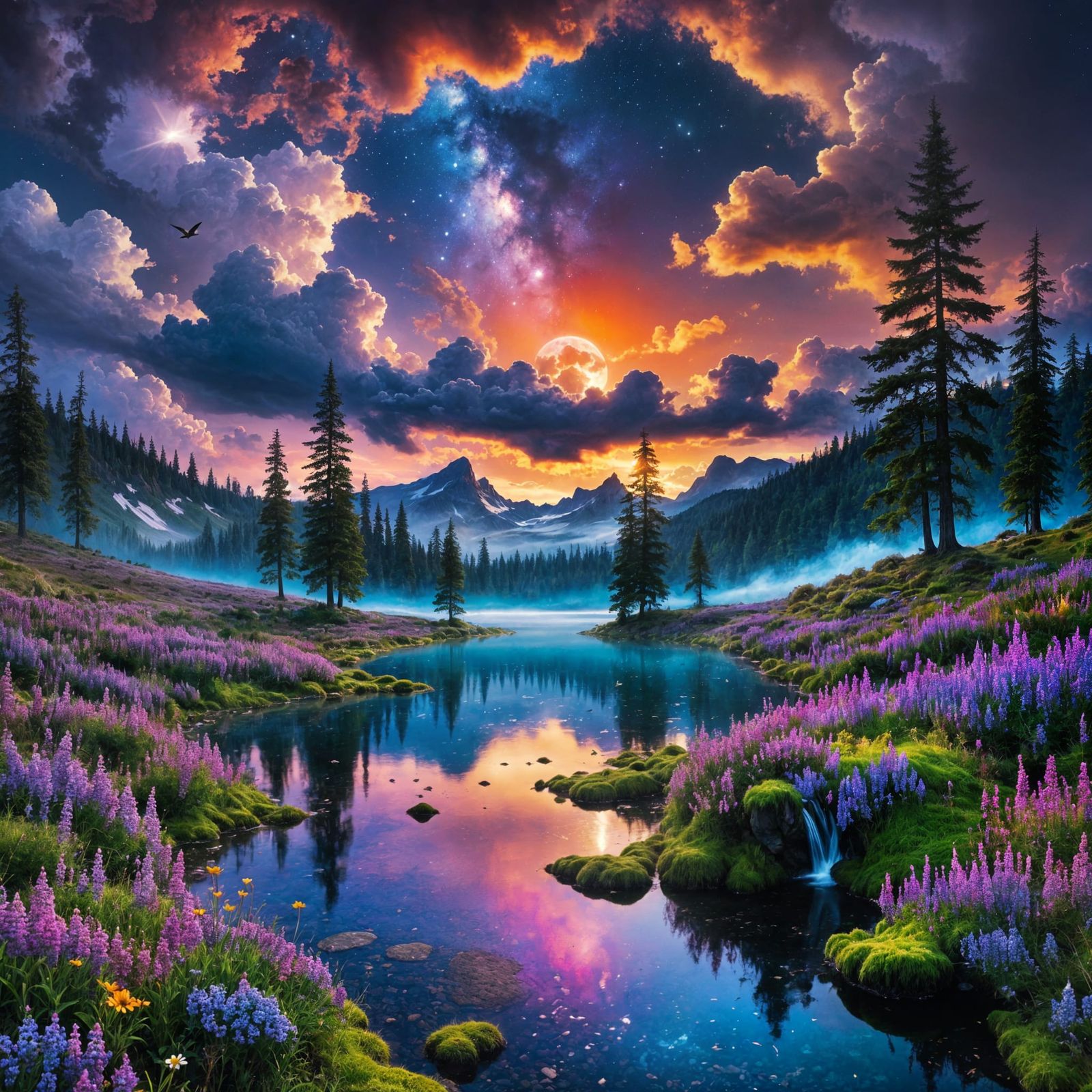 Surreal Twilight Landscape with Celestial Bodies