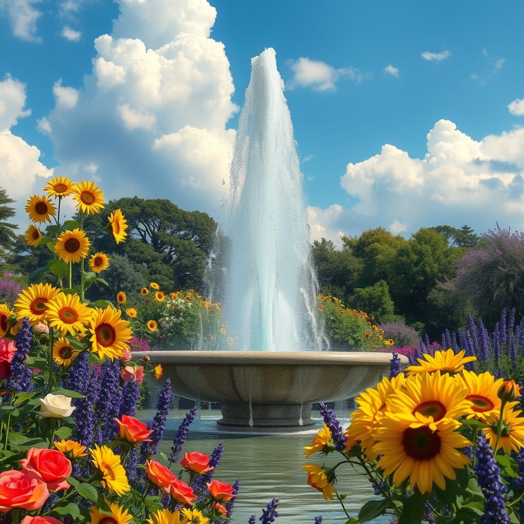 Magnificent Fountain Reflecting Garden Hues as Impressionism...