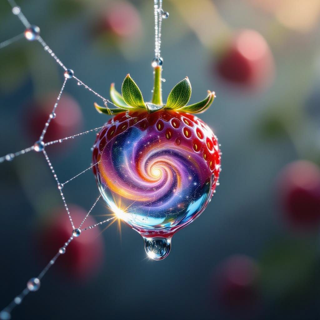 Strawberry Galaxy Reflected in Raindrop, Maximalist Style