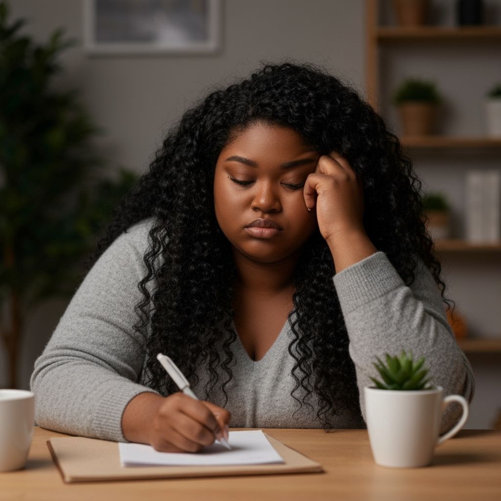 Tired Woman Writing at Table in Cozy Room
