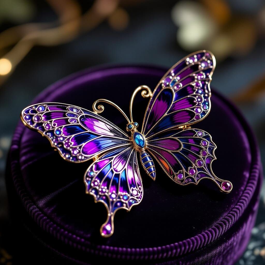 Intricate Art Nouveau Butterfly Brooch in Purple and Black