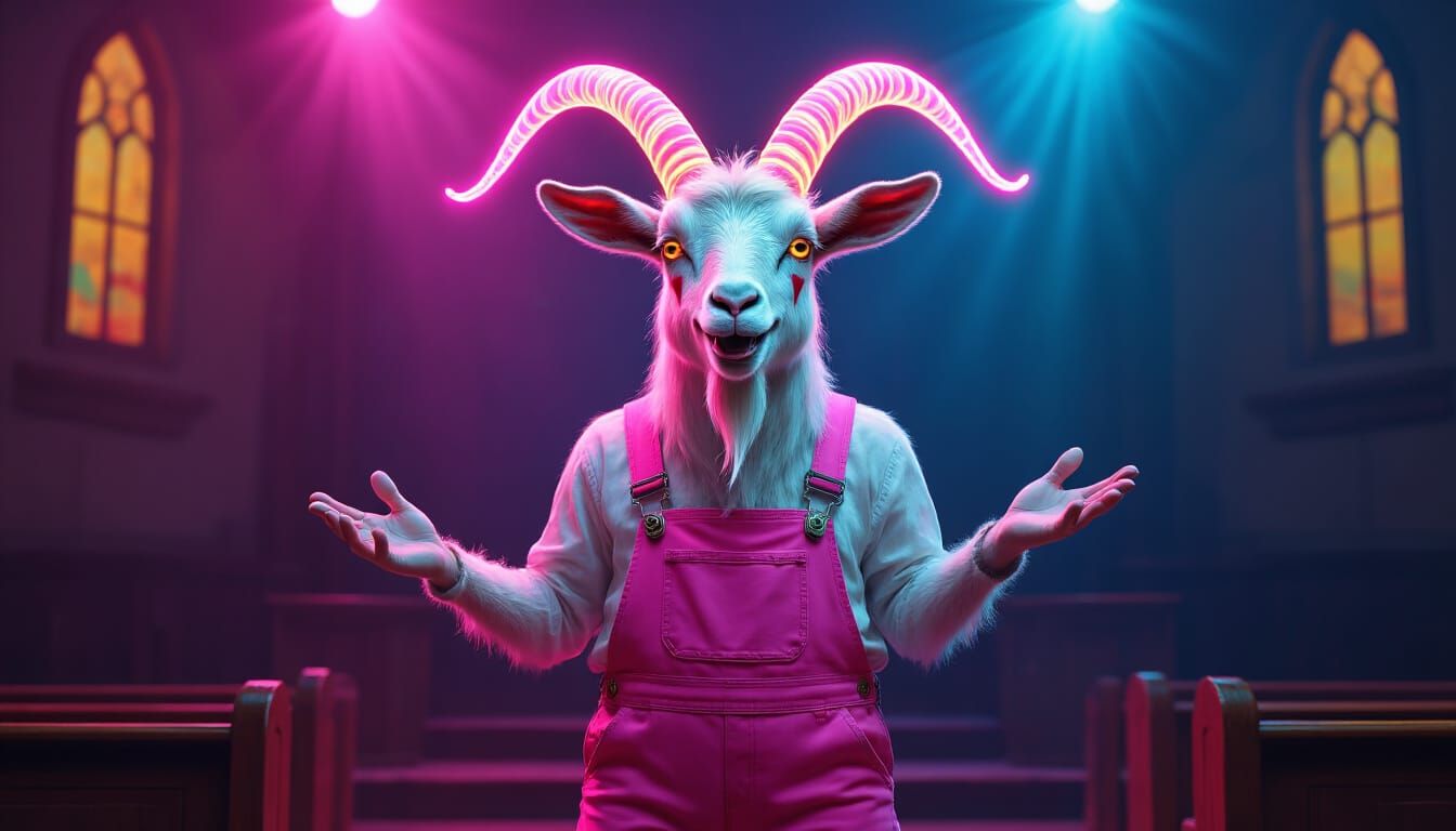 Goat Comedian in Pink Overalls with Neon Horns