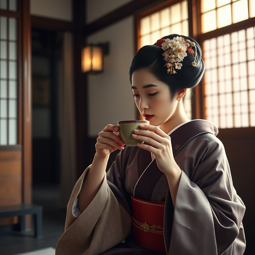 Serene Geisha in Traditional Japanese Teahouse