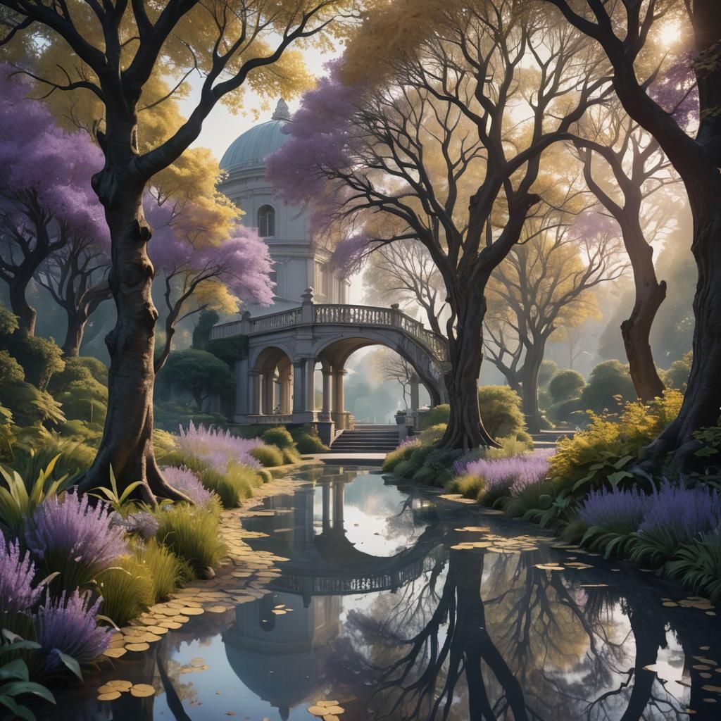 Palladian Garden Pathway: Stylized Illustration in Pastel Co...