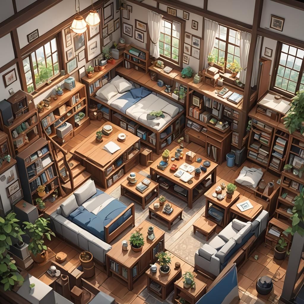 Isometric House Interior in 3D Anime Art