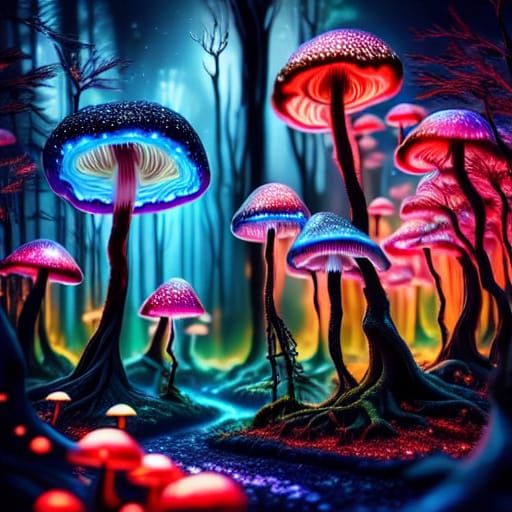 Bioluminescent Forest Clearing with Gnarled Trees