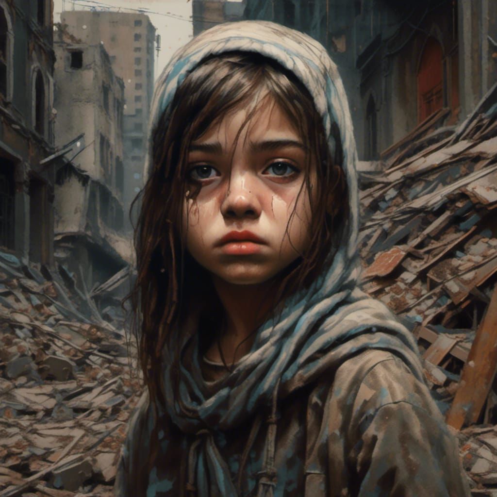 Grieving Girl in Bombed City: Klimt-Inspired Portrait