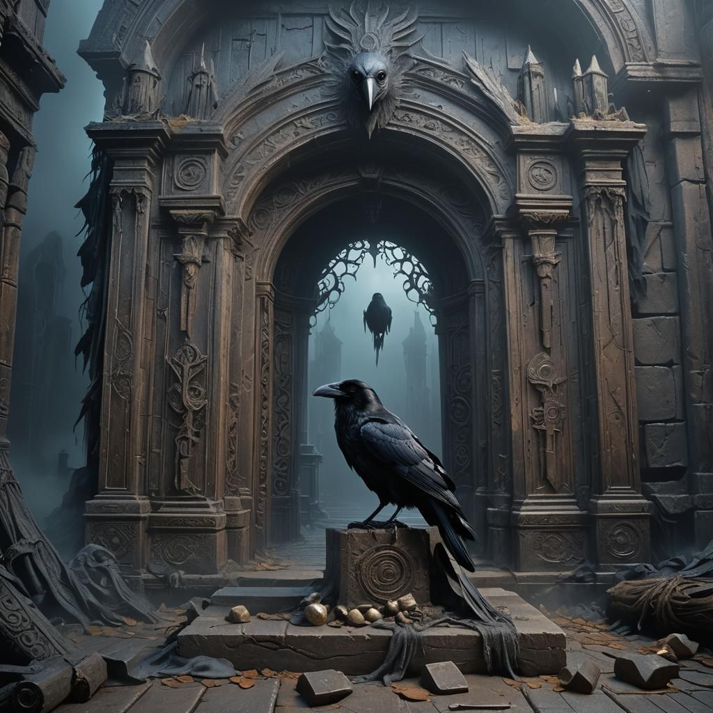 Mystical Raven on Gothic Doorway in Dark Fantasy Style
