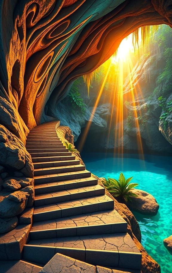 ancient stone stairs descending the side of a cliff into a lush  cenote pool cavern with turquoise water and golden-oran...