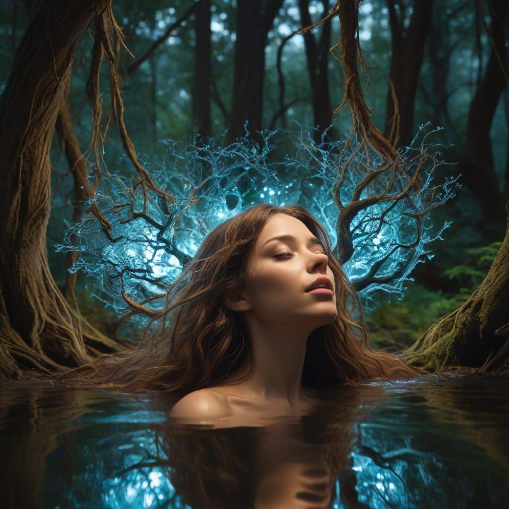 Floating Woman Connected to Bioluminescent Dreamlike Forest