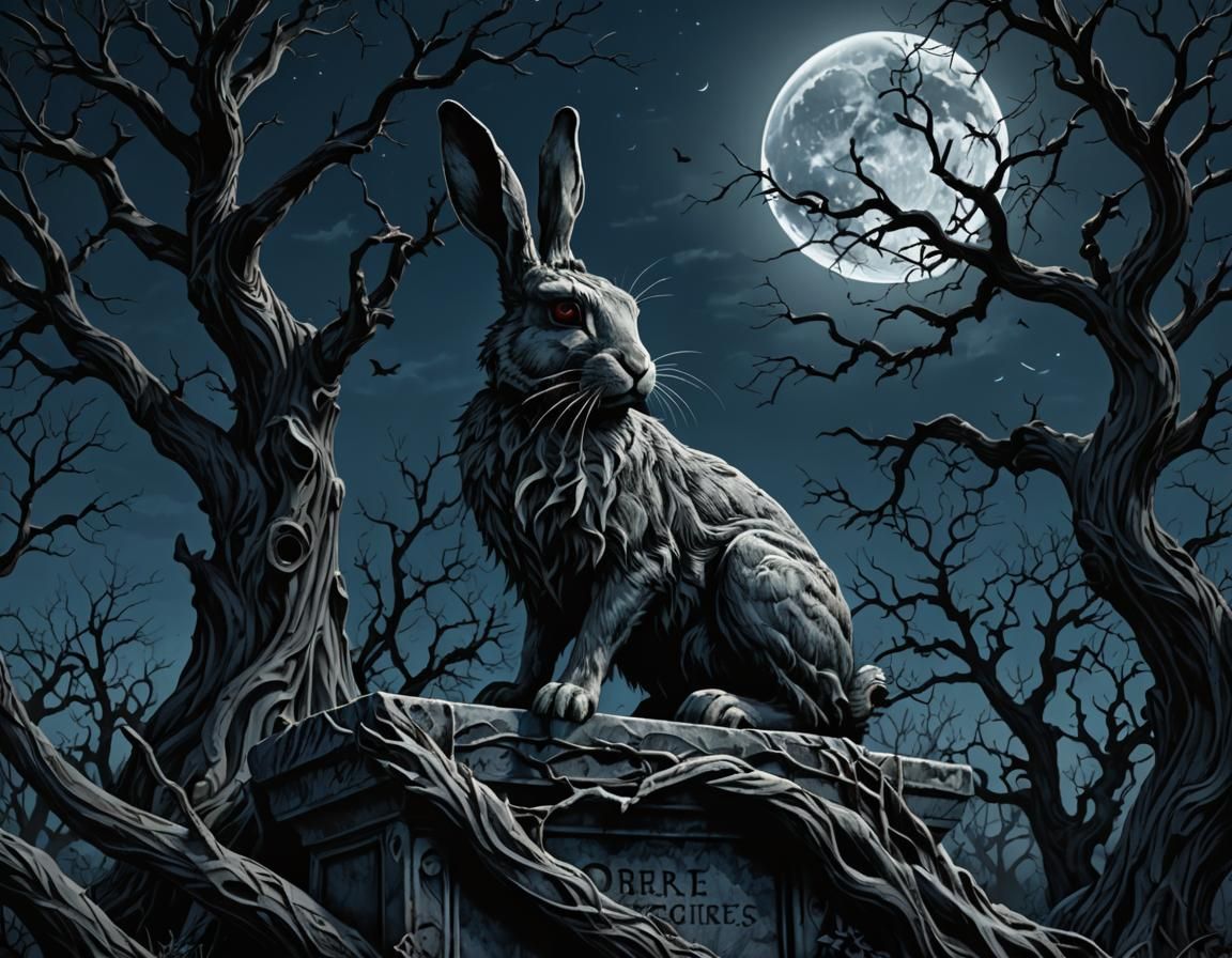 Gothic Rabbit in Graveyard Under Moonlight
