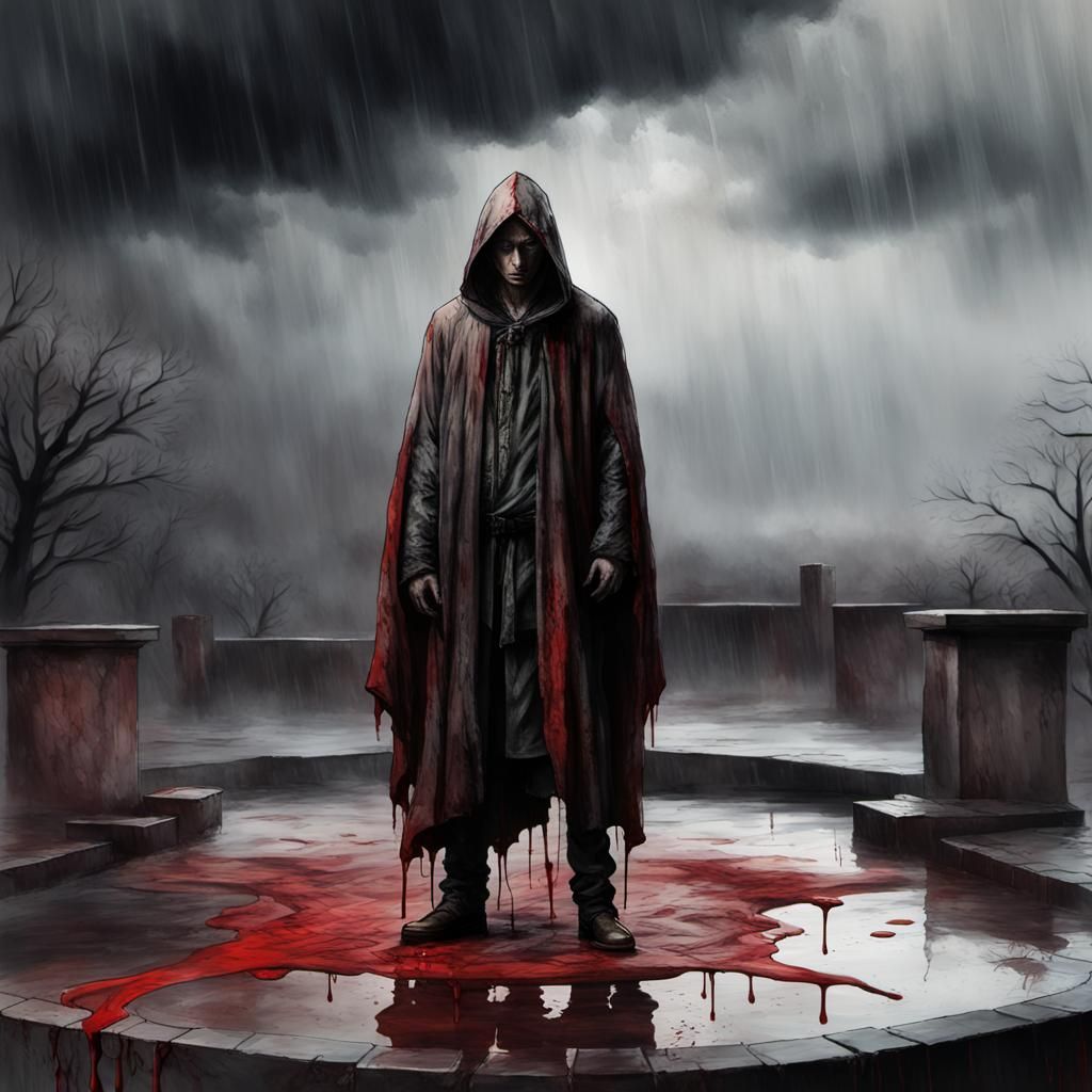 Macabre Figure in Blood Rain: Hyperrealistic Concept Art