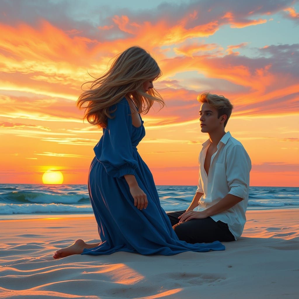 Young Woman on Golden Beach at Sunset