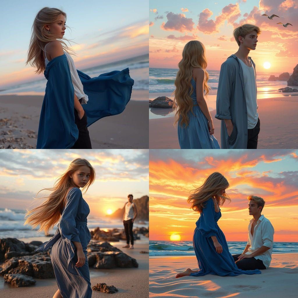 Young Lovers Watching Sunset on a Serene Beach