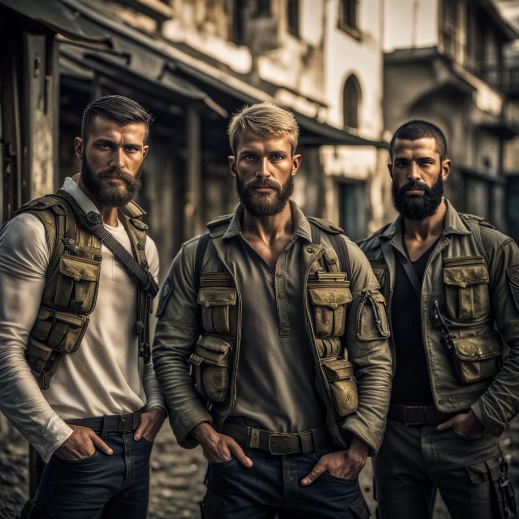 Three Men Standing Together in a Hyperrealistic Photograph