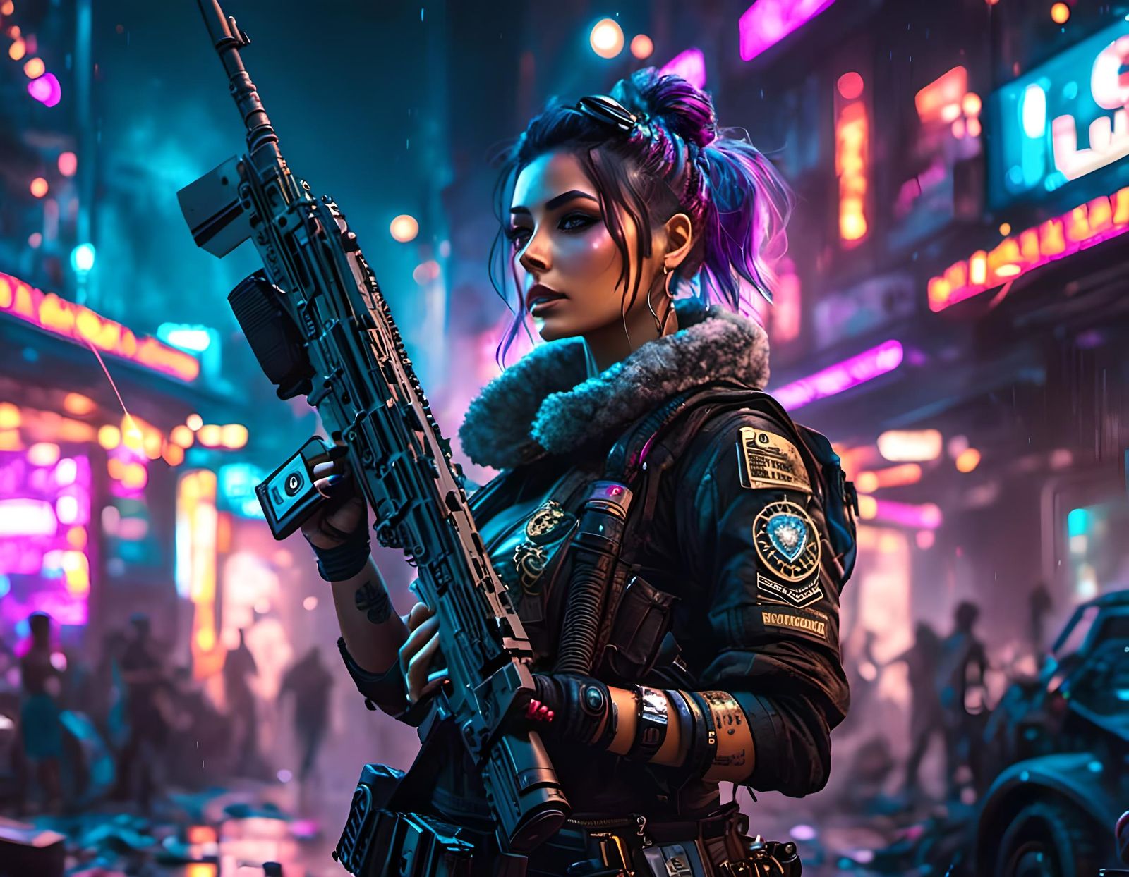 Cyborg Goddess Fires Machine Gun in Dystopian Slum