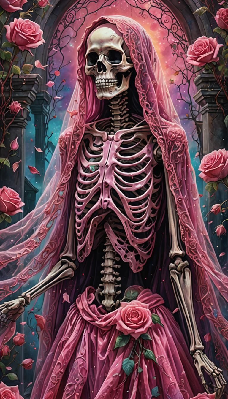 Weeping Pink Skeleton in Astral Cosmic Illustration