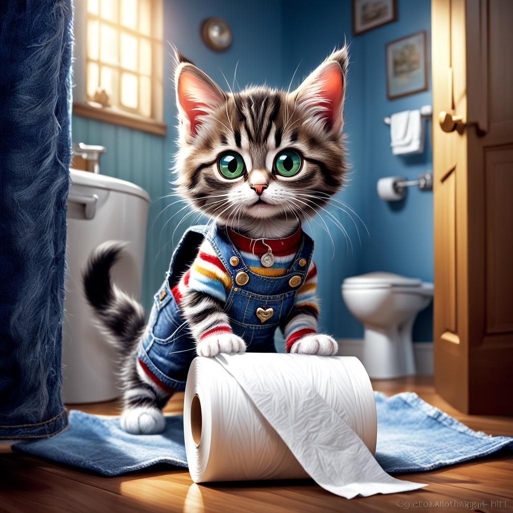 A cute kitten caught in the act playing with toilet paper in the bathroom