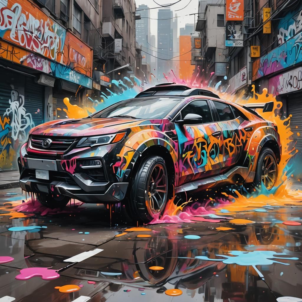 Futuristic Car in Graffiti Splash Art Style