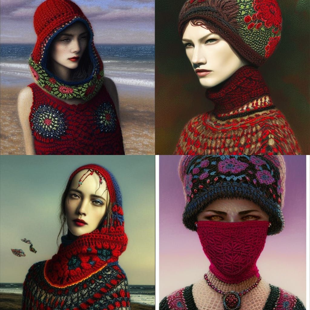Dreaming Woman in Crochet Balaclava on Winter Beach