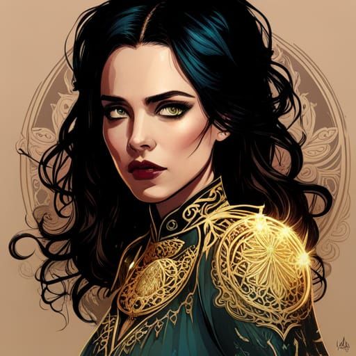 Yennefer with Golden Outlines in Digital Painting Style