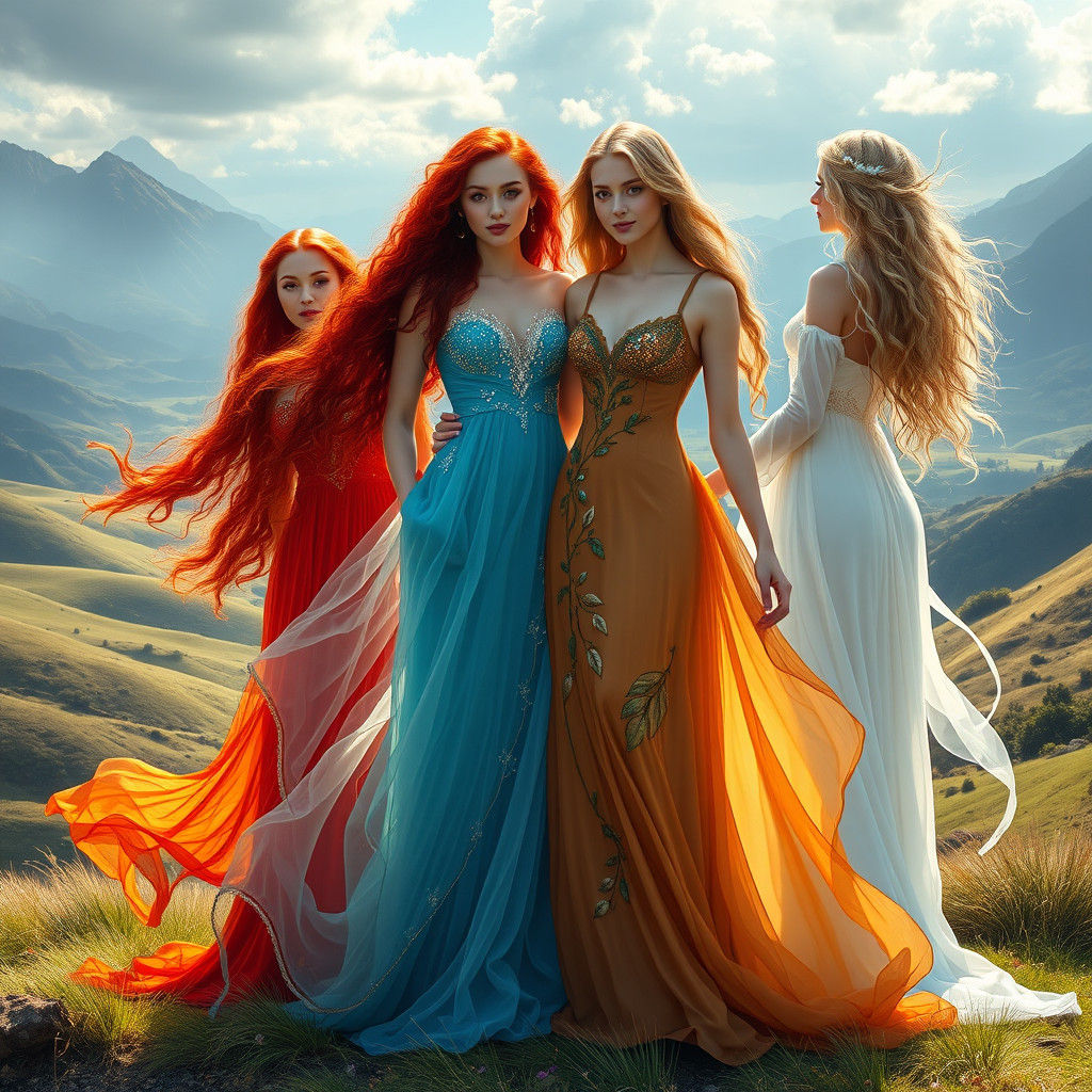 Elemental Women in Majestic Landscape, Fantasy Art