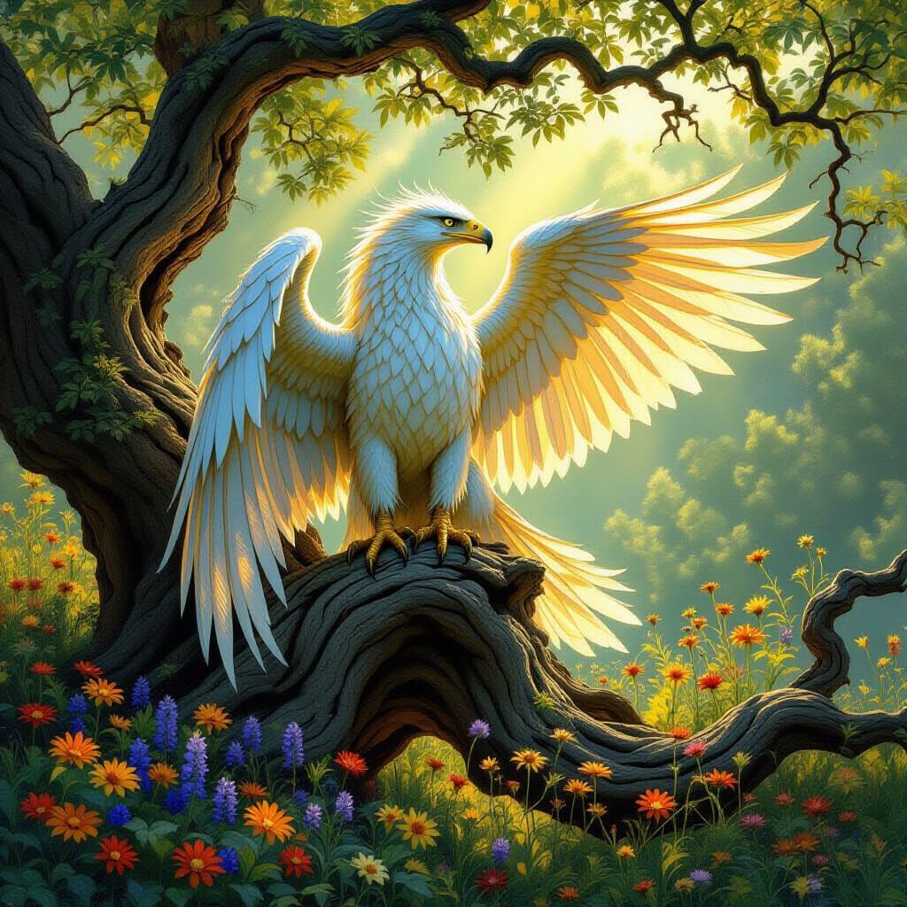 Griffin Perched on Oak in Detailed Matte Style