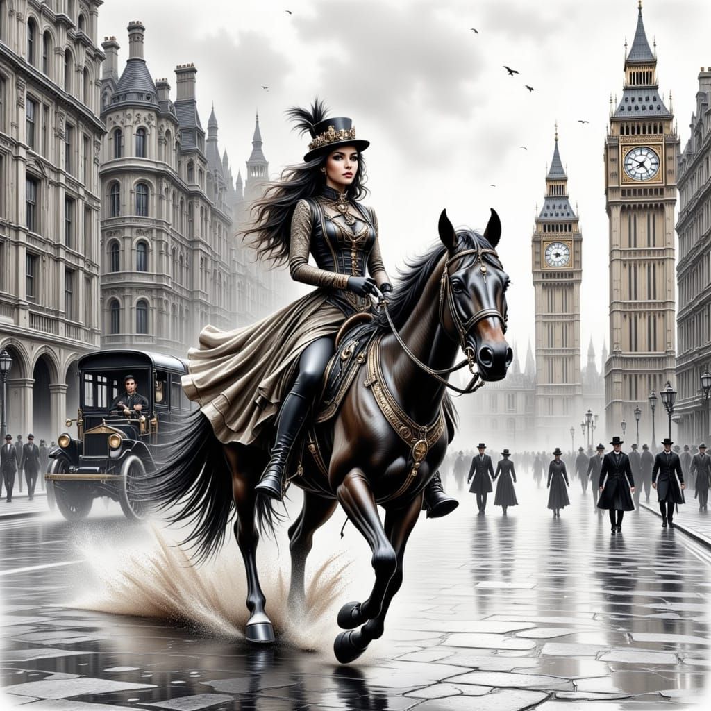 Steampunk Girl Rides Horse near Big Ben, 19th Century Style