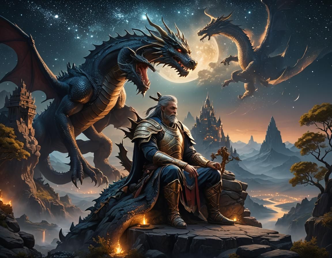 Warrior and Dragon Friendship in Fantasy Landscape