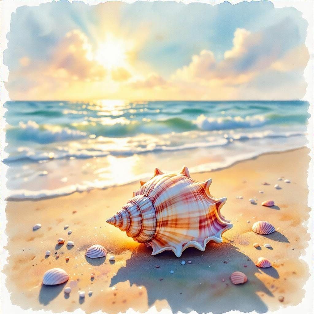Seashell Beach Scene in Soft Pastel Watercolors