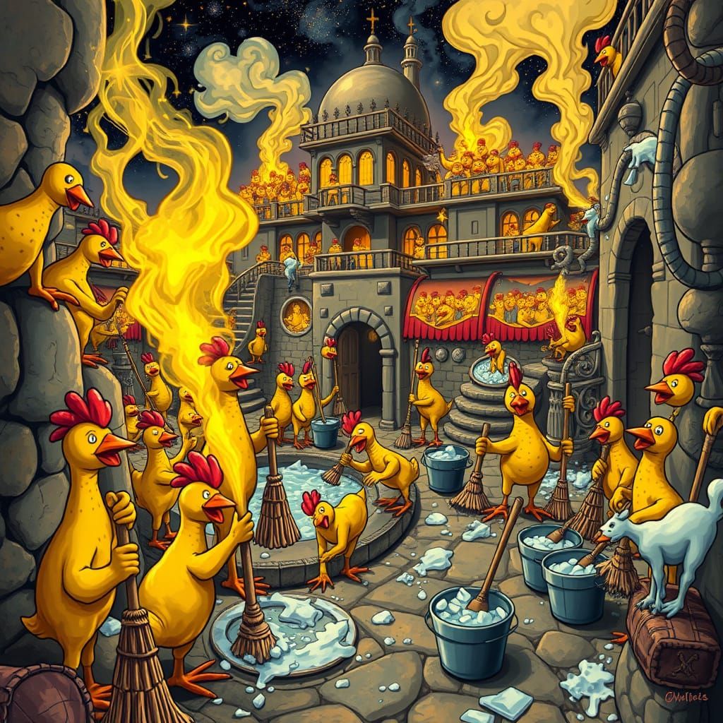 Rubber Chickens Clean Alcatraz in Whimsical Illustration
