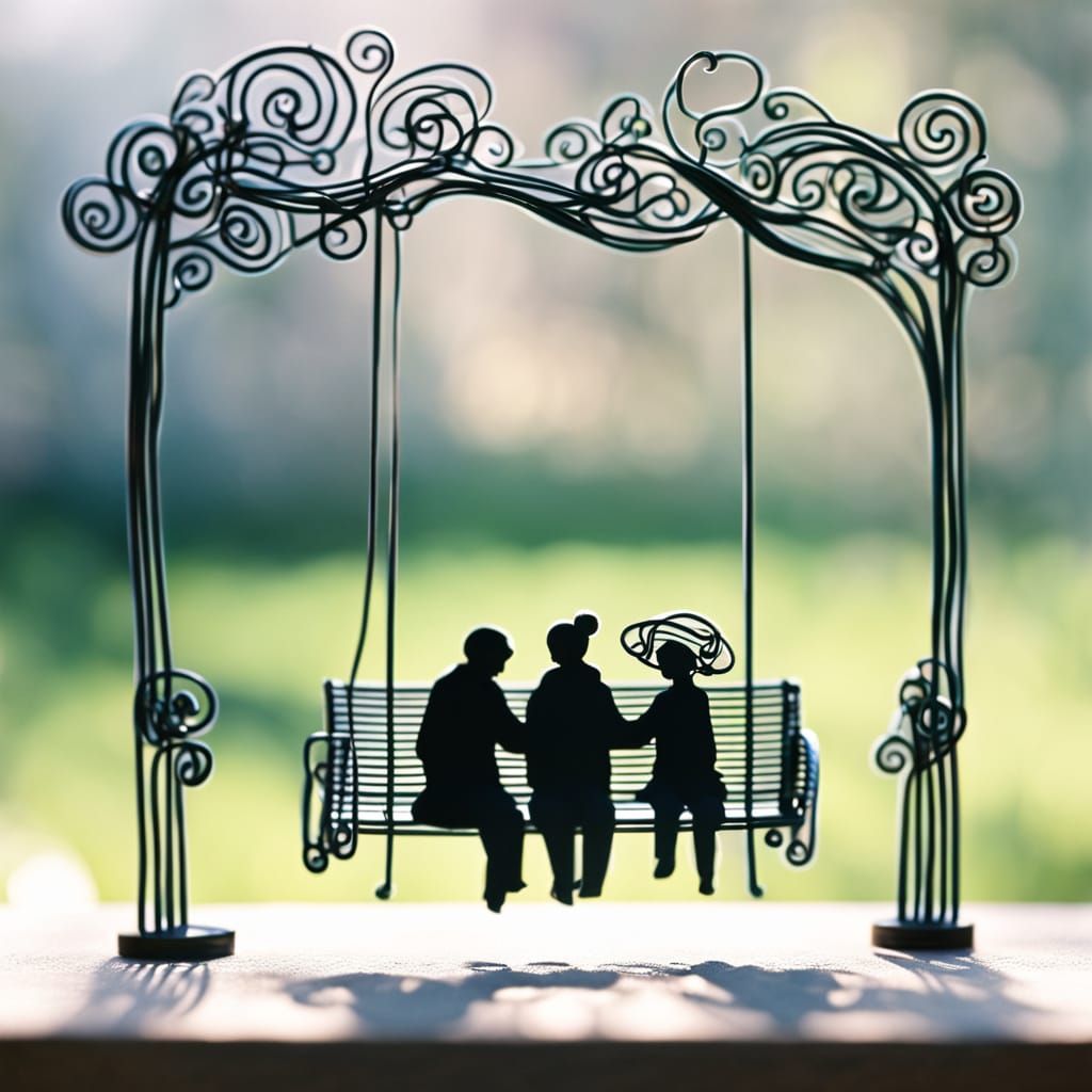 Wire Sculpture of People on Garden Swing Bench