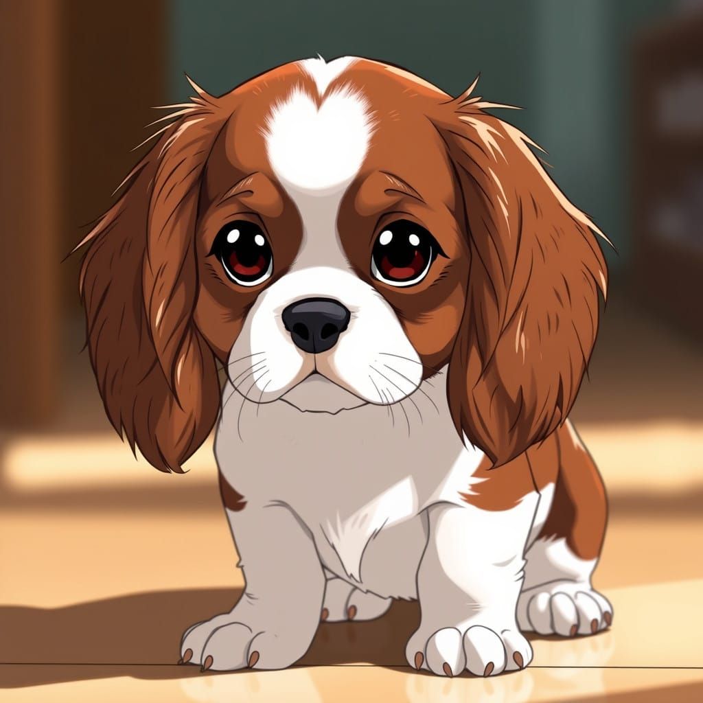 Adorable Anime-Style Cavalier King Charles Spaniel with Expr...