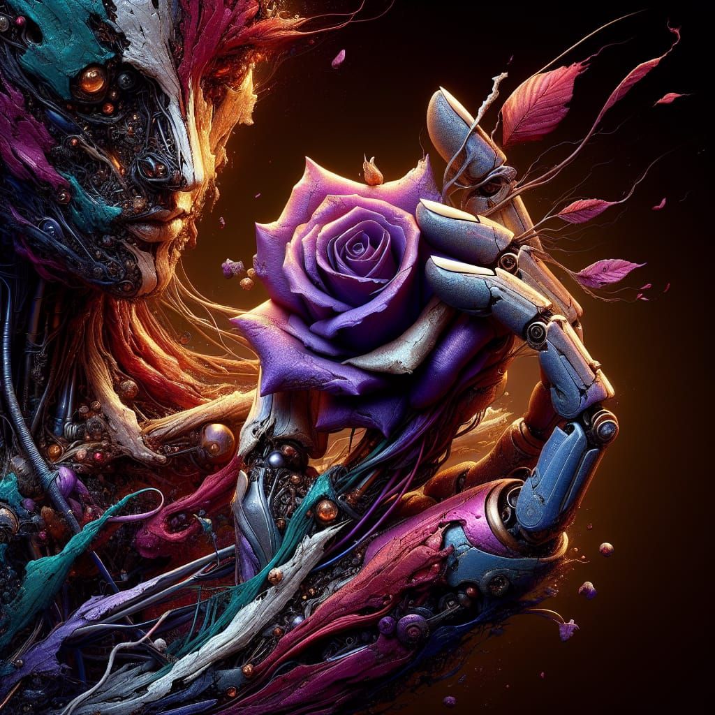 Damaged Android Grips a Purple Rose: 8K Matte Painting