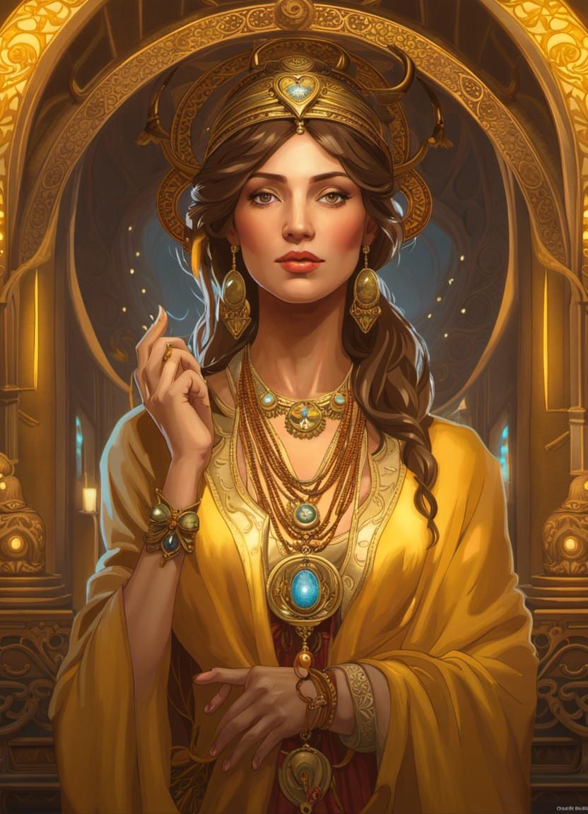 Priestess in Ornate Yellow Robes, Art Nouveau Style