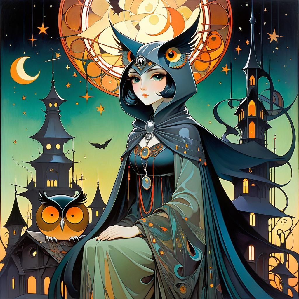 Twilight Owl Prophecy in Art Nouveau Style