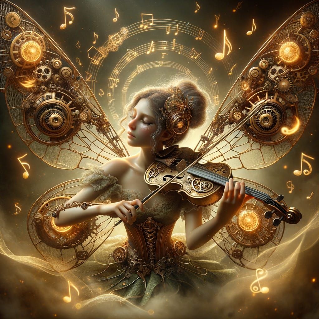 Steampunk Fairy Plays Violin Amidst Gears and Musical Notes