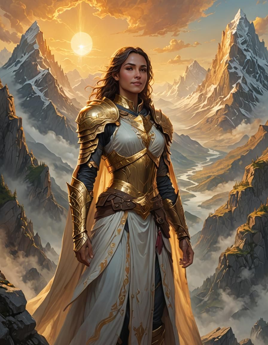 Aasimar Cleric in Mystical Mountain Landscape
