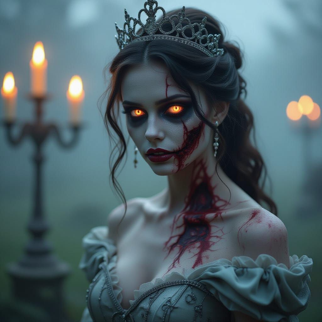 Zombie Prom Queen With Glowing Veins in Gothic Elegance
