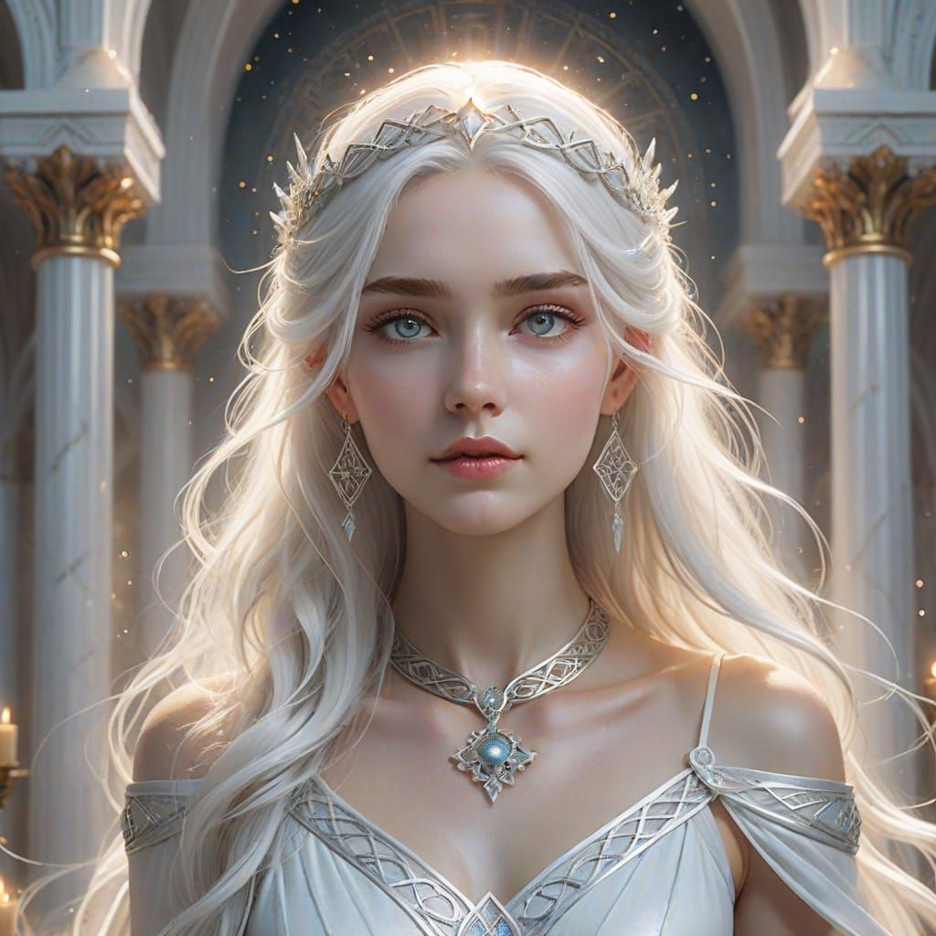 Fae Queen in Ethereal White Gown, Shimmering Eyes, and Cryst...